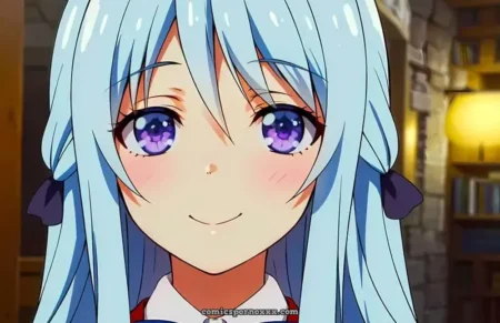 Hiyori Shiina's wet parted lips and flushed cheeks in school uniform reveal arousal in the library