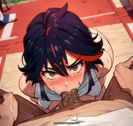Ryuko Matoi sucks cock deeply, sweat dripping on her flushed face while kneeling on the gym floor.