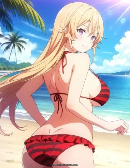 Erina Nakiri in red-black striped bikini with straining top showing large breasts and round ass on sunny beach, long blonde hair flowing