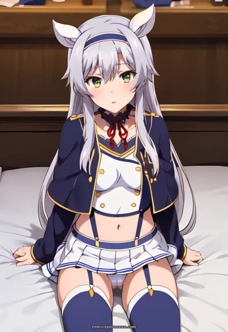 Silver-haired cat-eared student in open uniform, skirt lifted, revealing lace panties and bare thighs on classroom bed.