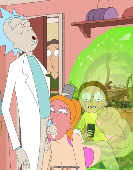 Summer's bare tits with pacifier in mouth, Rick's hard cock bulging lab coat, Morty shocked by green slime