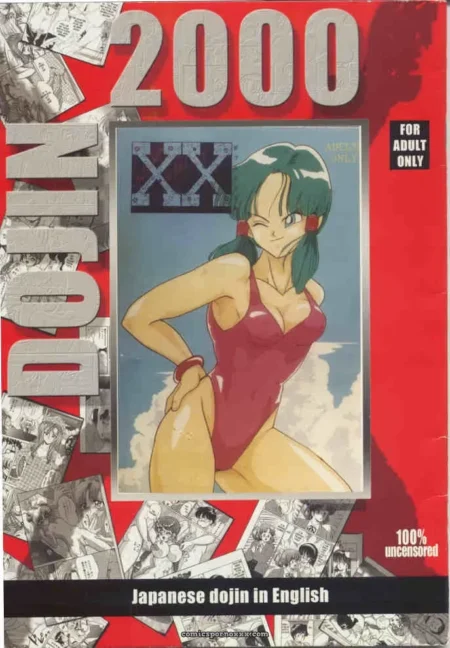 Green-haired woman in red swimsuit poses suggestively, hand on hip, showcasing cleavage and thigh, adult dojin cover.