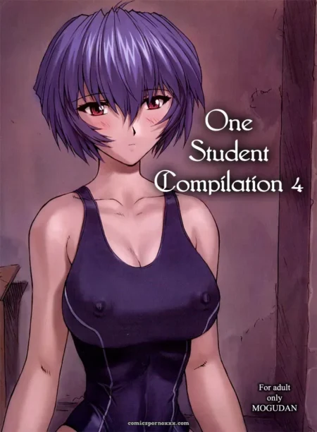 Rei Ayanami's short purple hair, red eyes, tight black tank top bulging with large breasts, deep cleavage exposed