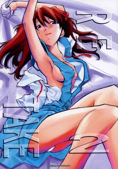 Red-haired anime woman in torn blue dress spreads legs, wet pussy exposed, one arm raised, heaving breasts