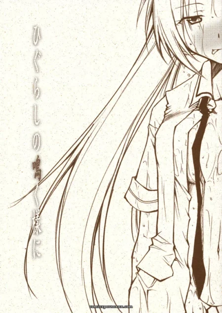 Long-haired figure in school uniform with semen-soaked shirt, partially unbuttoned blouse, loose tie, and sweat drop on face