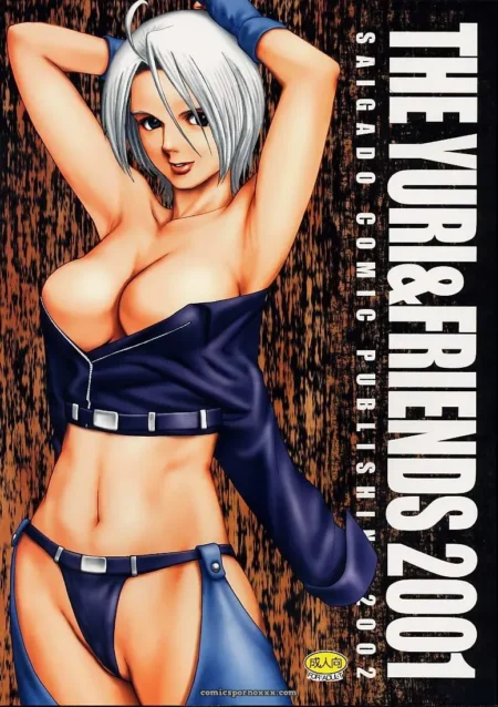 Silver-haired figure in blue zippered top and thong raises arms, exposing large tits and thong-clad pussy
