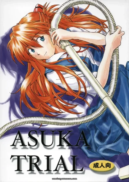 Orange-haired woman in blue school uniform squeezes large metallic phallus with both hands, tip near her parted lips.