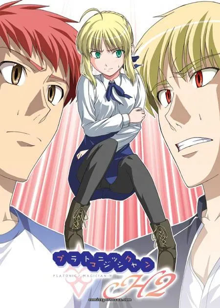 Blonde in white shirt, blue tie, skirt lifted, tight black leggings straining over thighs, green eyes intense between two men