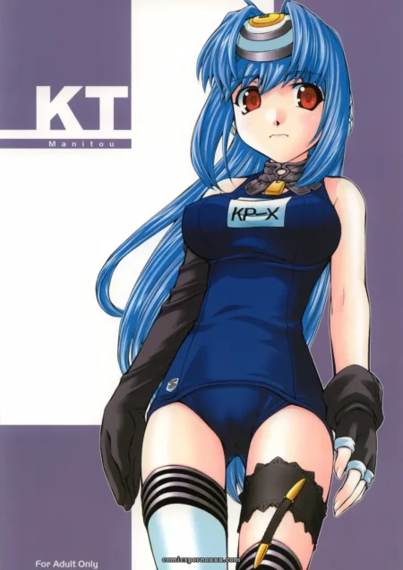 Blue-haired woman in blue KP-X bodysuit with thigh-highs, strapon on one leg pressing against crotch