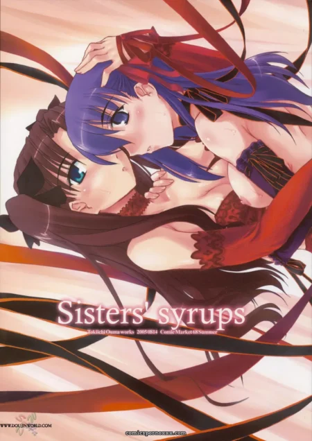 Two women in lace lingerie caress intimately; blue-haired female sucks dark-haired female's neck amid red ribbons