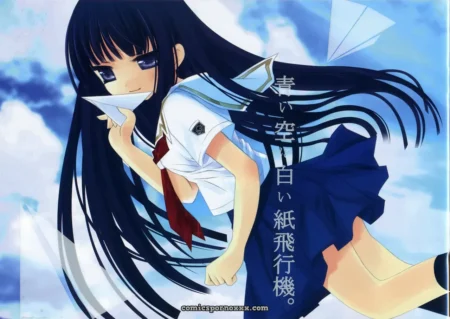 Black-haired anime figure in school uniform, skirt up, wet pussy exposed, red tie, paper plane near mouth