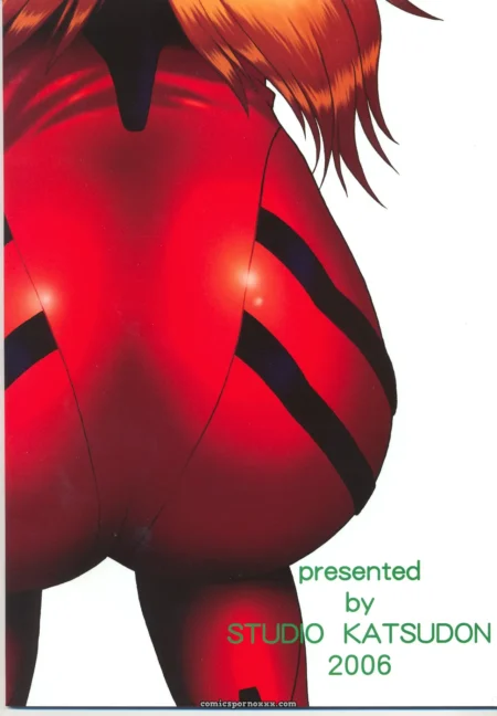 Tight red plug suit clings to bulging buttocks from behind with black stripes, orange hair, Studio Katsudon 2006