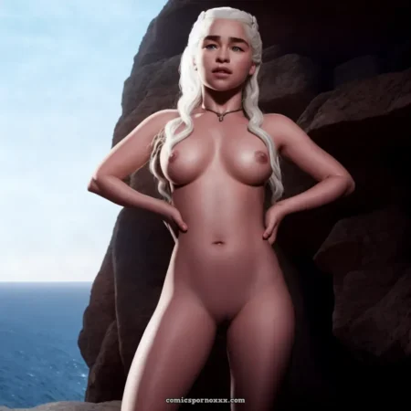 Daenerys Targaryen naked by sea cliffs, white hair flowing, large breasts with erect nipples, shaved pubic area exposed