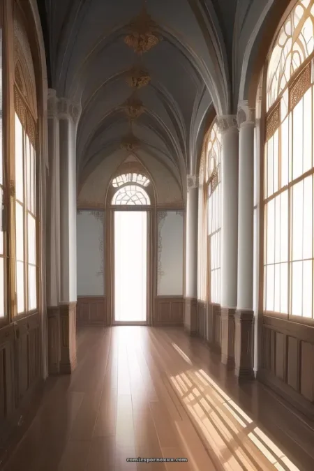Sunlight fills grand hall, tall arched windows casting light on polished floors, columns like hard cocks rigid
