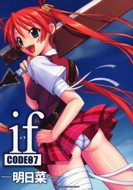 Red-haired anime character in school uniform, plaid skirt raised, white panties exposed, holding spear against blue sky