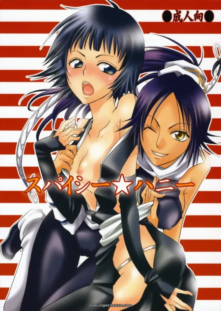 Two black-haired anime women in tight black outfits, one exposing breast with hand on tit, other smiling with straps, red white stripes