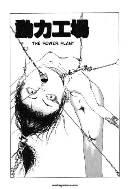 Upside-down nude restrained by chains with strapon on chest, gag, and mechanical bondage devices