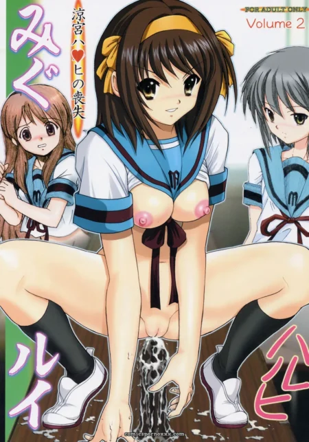 Brown-haired schoolgirl in blue-white uniform exposes large nipples, fingers in pussy, semen drips from crotch to floor
