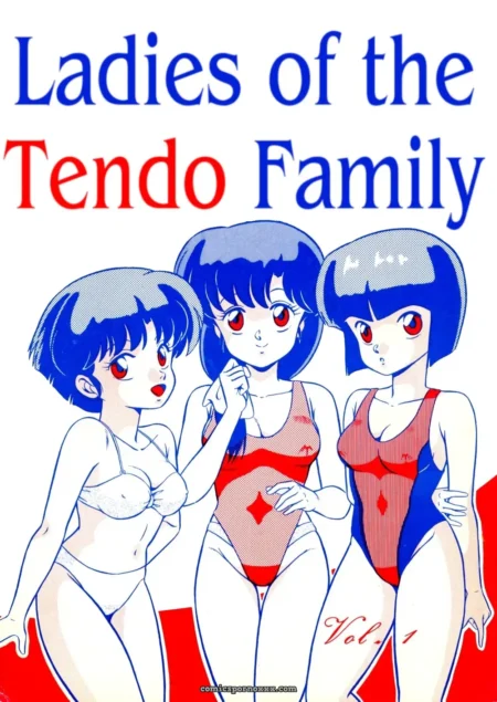 Three blue-haired ladies in red bodysuits and bikinis pose with exposed breasts and thighs against a red backdrop