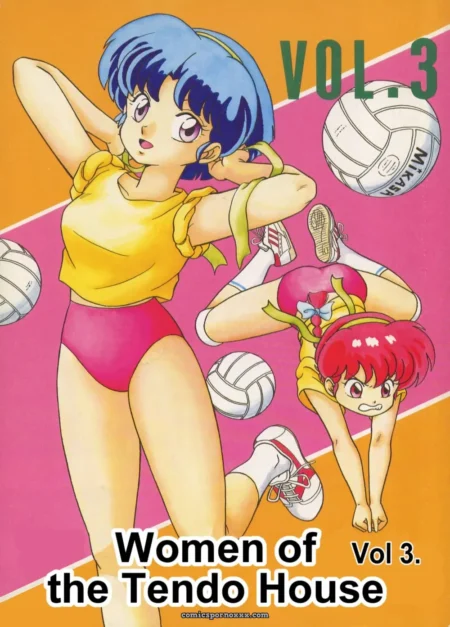 Blue-haired woman in yellow crop top and pink bikini bottoms exposes breasts and ass; red-haired woman bends over.
