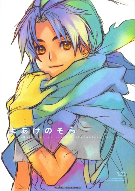 Blue-haired figure in open blue coat, yellow gloves, green scarf, exposed chest and navel, bandaged arm.