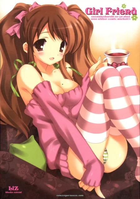 Satomi Hinako in pink off-shoulder top and striped thigh-highs, legs spread, wet pussy exposed, holding a cup