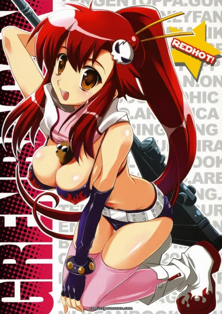 Red-haired anime woman with massive tits, tiny shorts, thigh-highs, skull clip, tail, and gun in revealing pose