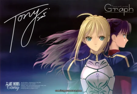 Blonde anime woman with green eyes wears tight armor exposing large tits and round ass while dark-haired figure stands close behind