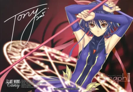 Blue-haired character in tight blue leotard holds pink staff above head, cleavage and bare midriff against circle.