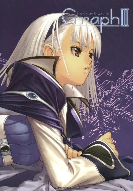 White-haired figure in tight purple and white outfit, cleavage bursting from straining fabric, thigh-high slit revealing bare skin, seductive gaze