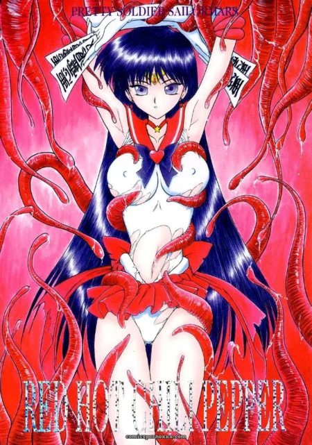 Long dark-haired figure in red sailor top with exposed breasts, red tentacles wrapping body probing cunt, pink backdrop