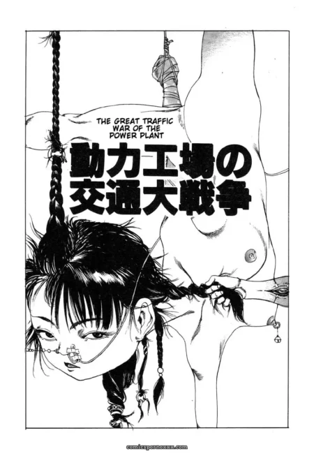 A woman with nipple and facial piercings hangs by braided hair, a hand gripping her braid, bound wrists, exposed breasts