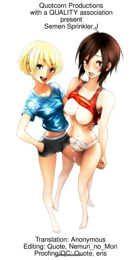 Semen drips from brown-haired woman's chest and crotch, red top and white panties soaked, next to blonde in blue shirt