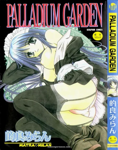 Blue-haired maid in revealing black and white outfit kneels provocatively, skirt lifted to expose ass and thong, large breasts straining top.
