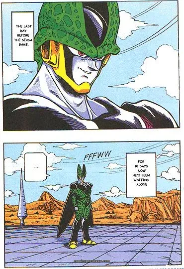 Cell's muscular green form in tight black suit reveals a thick cock bulge in the desert arena