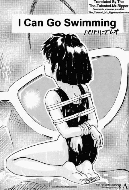 Kneeling bound in wet swimsuit, ropes tight on chest and wrists, water dripping bare back, ready for sexual intercourse