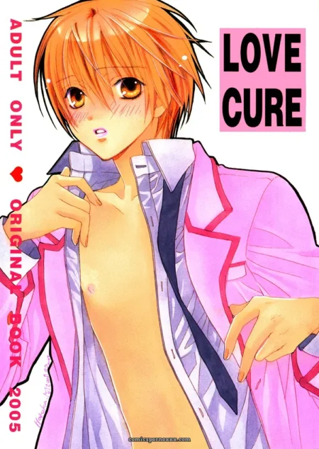 Minami Haruka from Love Cure: orange hair, bare chest with nipples, unbuttoned shirt, pink jacket, tie, adult manga 2005