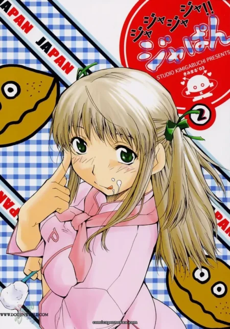 Blonde in pink dress, green eyes, saliva dripping, sucking spoon with white cream, Japan checkered background