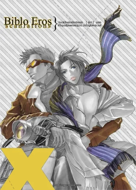 A man in brown jacket and goggles rides a motorcycle as a woman in unbuttoned shirt and purple scarf gropes his crotch