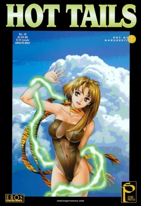 Blonde woman in tight green bodysuit spreads legs as glowing snake tail wraps hips exposing wet pussy against cloudy sky