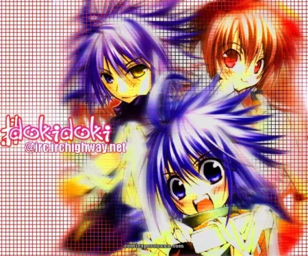 Vibrant purple/orange-haired anime trio in explicit sex, tongues deep in mouths, fingers thrusting vaginas and asses