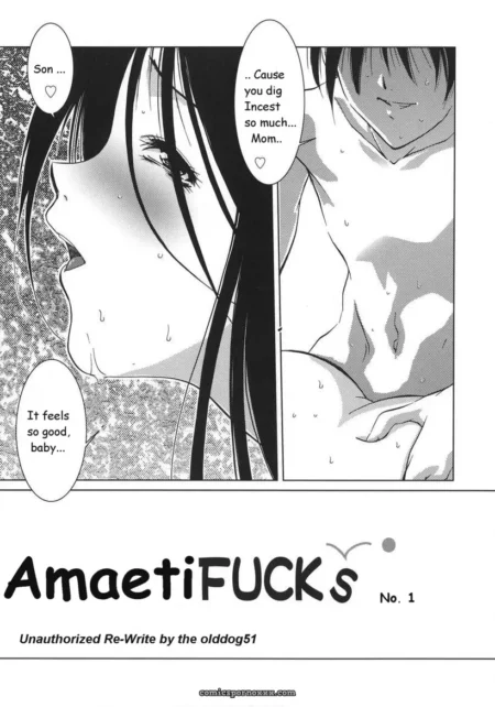 Sweaty mother moans it feels good as son penetrates her in AmaetiFUCKs manga panel with incest dialogue