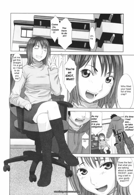 A woman in turtleneck, skirt, knee-highs in office chair with dialogue demanding clothes removal and explicit sex acts
