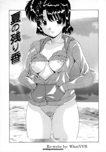 Unzipped hoodie reveals large breasts with erect nipples in bikini top, bikini bottom on beach