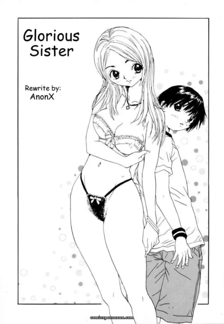 Blonde woman in black lace bra and thong squeezing breast while man behind groping her thigh, explicit manga