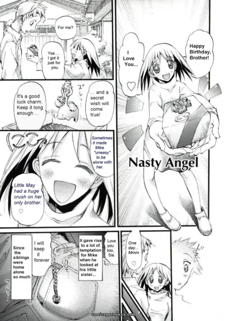 Nasty Angel manga panel: sister confesses love to brother, hidden crush, touching thigh home alone, NSFW incest