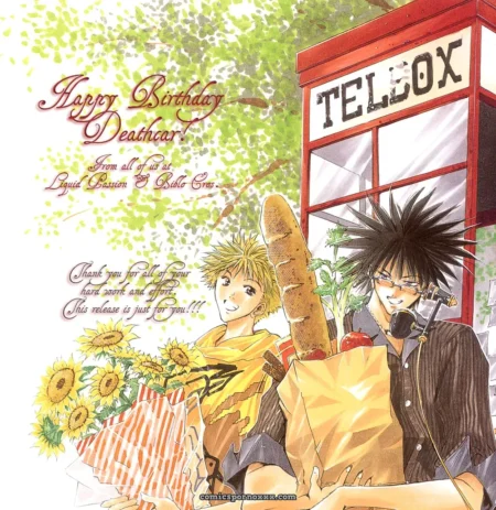 Spiky-haired man grinds baguette on crotch, holding groceries; blonde clutches sunflowers, striped bag by red telbox.