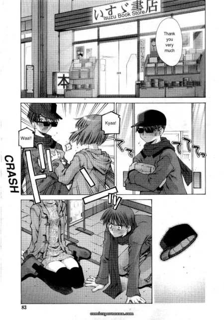 Collision knocks a figure down, skirt hiked up revealing panties and spread bare thighs while another crouches close to stare.