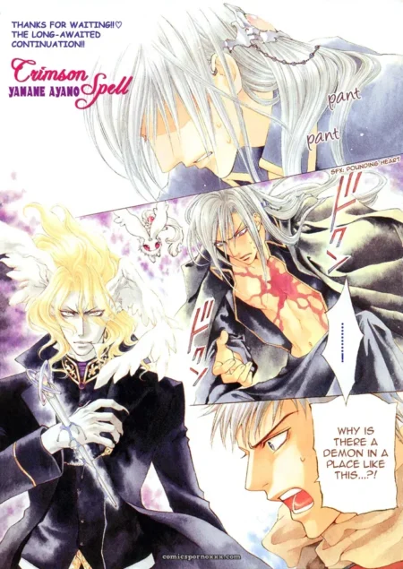 Silver-haired man's blood-streaked chest heaves, low-cut robe exposing hard nipples, heavy breathing