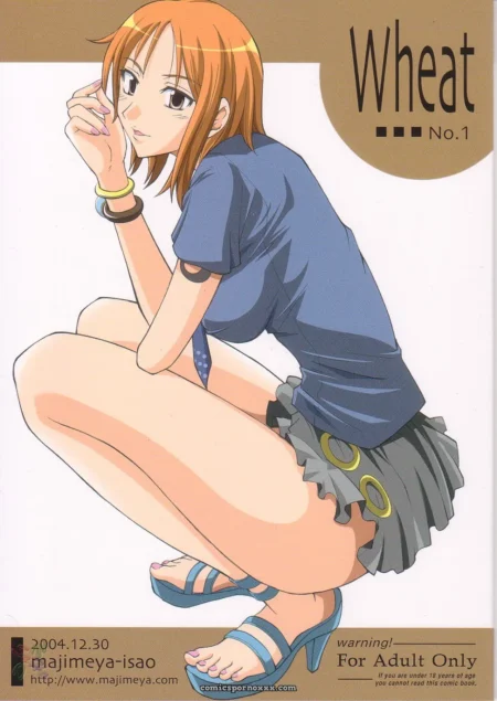 Orange-haired woman crouches, blue shirt, short gray skirt with yellow rings, blue heels, bare thighs crotch exposed